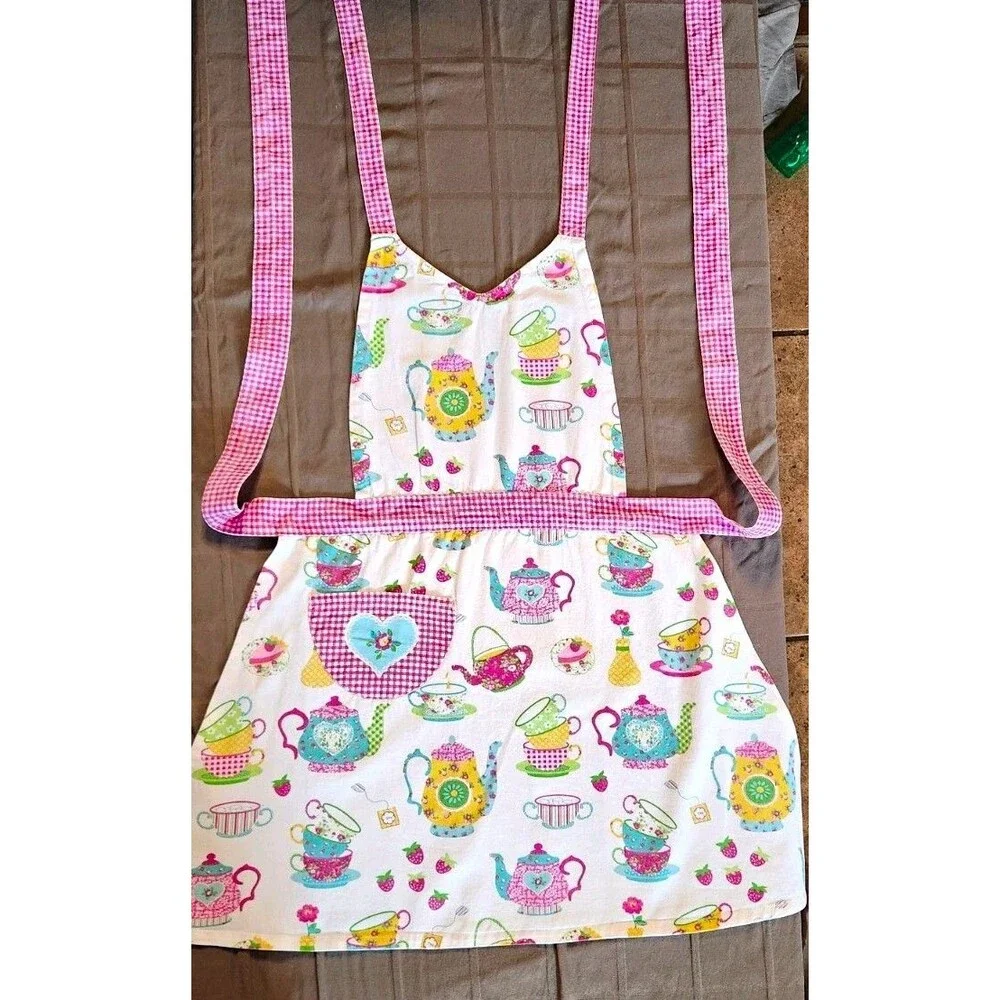 Adorable Vintage Apron Pink Gingham Trim Teapot Cupcake Print Cotton S/M